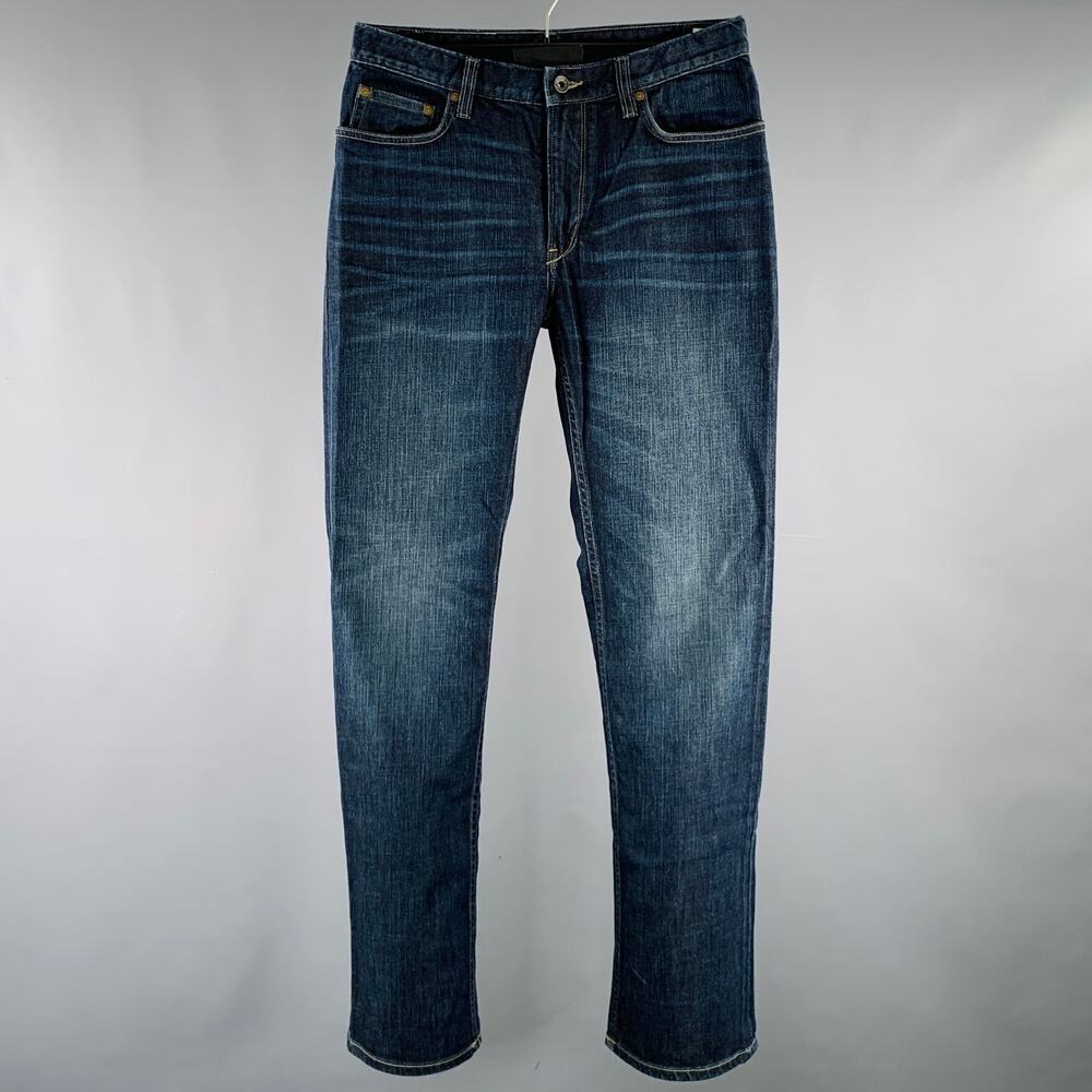 JOHN VARVATOS Size 32 Blue Distressed Cotton Blend Straight Jeans
